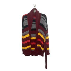 American Eagle Long Cardigan Women’s Small Tie Belt Color Block Grey Burgundy